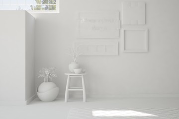 White empty room with chair. Scandinavian interior design. 3D illustration