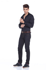 Naklejka premium Figure, Business Man Stand in dark Blue Black Suit