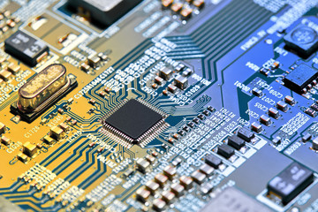 Electronic circuit board close up.