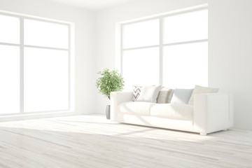 Idea of white minimalist room with sofa. Scandinavian interior design. 3D illustration