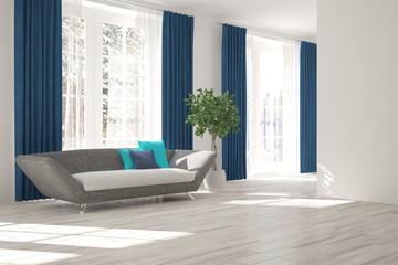 White room with sofa and winter landscape in window. Scandinavian interior design. 3D illustration