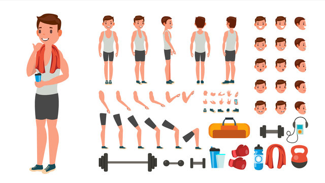Fitness Man Vector. Animated Athlete Character Creation Set. Full Length, Front, Side, Back View, Accessories, Poses, Face Emotions, Various Hairstyles, Gestures. Isolated Flat Cartoon Illustration
