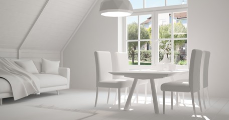 White dinner room with summer landscape in window. Scandinavian interior design. 3D illustration