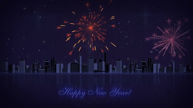 Merry Christmas on the background of the city and fireworks