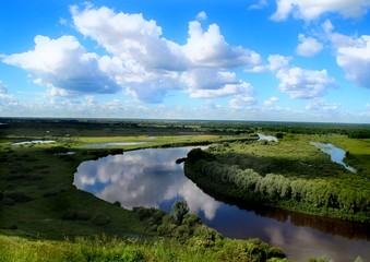 The river Klyazma near the town of Vyazniki. Vladimir region. Russia. View of the picturesque landscape from the observation platform `Crown`. The town of Vyazniki. Vladimir region. July 12, 2017