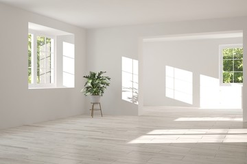 Fototapeta premium White empty room with summer landscape in window. Scandinavian interior design. 3D illustration