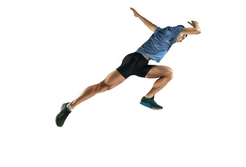 The studio shot of high jump athlete is in action