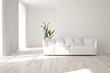 Idea of white minimalist room with sofa. Scandinavian interior design. 3D illustration