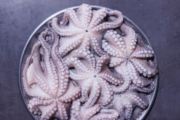 Fresh raw octopus on a large platter. Concept - healthy food, longevity, Mediterranean diet. A big catch.