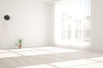 White empty room with green flower and lamp. Scandinavian interior design. 3D illustration