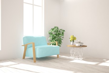 Inspiration of white minimalist room with armchair. Scandinavian interior design. 3D illustration