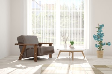 Fototapeta na wymiar Idea of white room with armchair and summer landscape in window. Scandinavian interior design. 3D illustration