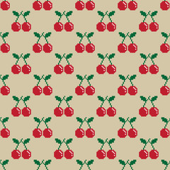 Cherry Pixel Vector Seamless Pattern fruit illustration isolated wallpaper background