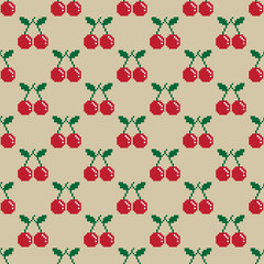 Cherry Pixel Vector Seamless Pattern fruit illustration isolated wallpaper background