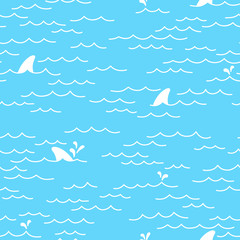 Shark whale dolphin Seamless pattern Sea Ocean doodle vector isolated wallpaper background