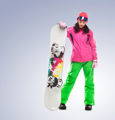 Girl with snowboard in studio on isolated background.