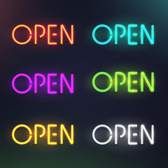 Set of colorful glowing inscription open. 3d realistic neon sign isolated on black background. Retro electric lamp in form of word. Vector illustration.