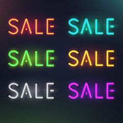 Fototapeta premium Set of colorful glowing inscription sale. 3d realistic neon sign isolated on black background. Retro electric lamp in form of word. Vector illustration.