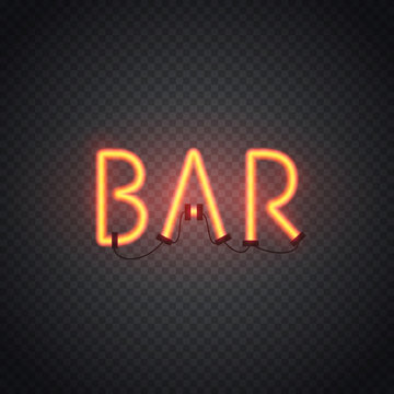 Glowing inscription bar. 3d realistic neon sign isolated on transparent background. Retro electric lamp in form of word. Vector illustration.