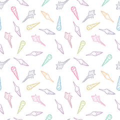 Obraz premium Hand drawn seamless pattern of seashells. Template for background textile design, cover, branding. Marine vector illustration.
