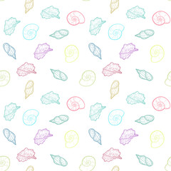 Hand drawn seamless pattern of seashells. Template for background textile design, cover, branding. Marine vector illustration.