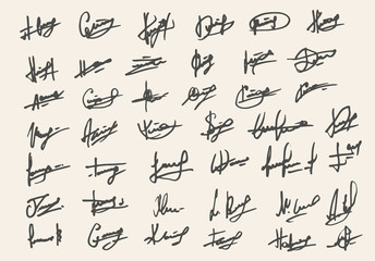 Set of fictitious signature isolated on white background. Template for personal autograph. Abstract vector sketch strokes