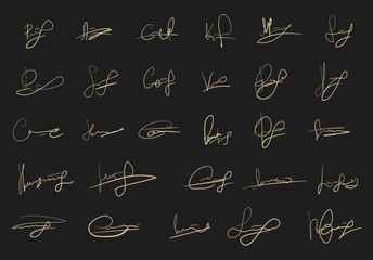 Set of fictitious signature isolated on black background. Template for personal autograph. Abstract vector sketch strokes.