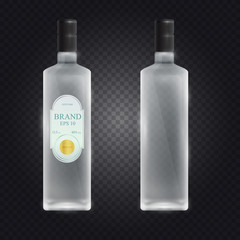 Realistic glass vodka bottle with screw cap isolated on transparent background. 3d vector illustration.