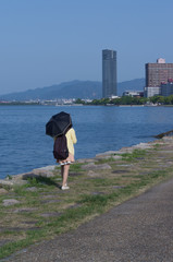 The umbrella girl in Lake Biwa.