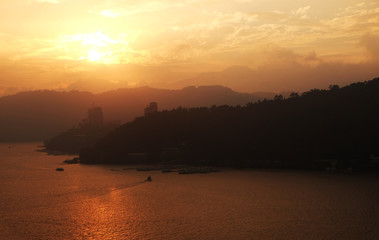 view of lake and moutain when sunset