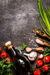 tomatoes, green onions, salt, spices, herbs for cooking on a dark background