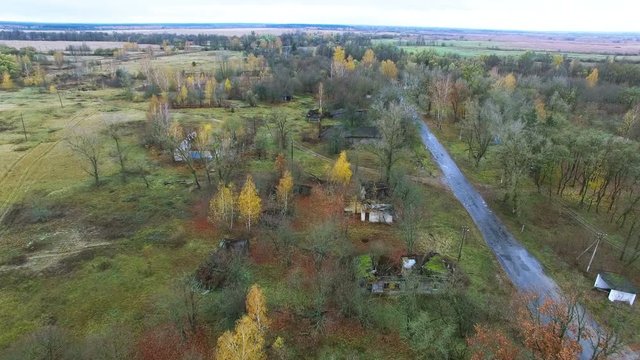 
 4K  Aerial.  Destroyed  houses  in thrown village in  Chernobyl area. Ukraine. 
