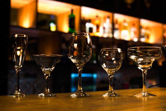 A set of transparent glass on the bar