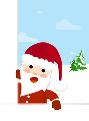 Santa Claus with Christmas tree welcomes everyone with Christmas. Holidays and fun. Vector illustration 