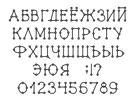 Russian alphabet, font, Layout, black, vector. Capital letters of the Russian alphabet. Vector font. Scheme. Connection. Black thin letters on white background. 