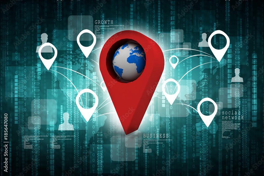 Fototapete 3d rendering red map pointer with world map