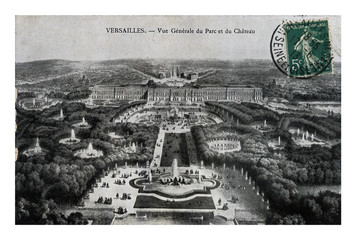Versailles retro panorama of building and garden with fountains, France, circa 1913, vintage canceled postcard 