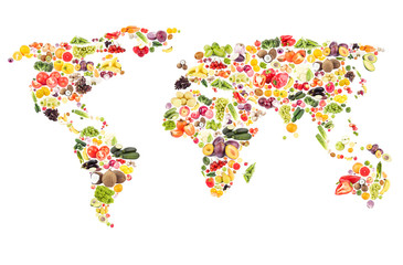 Fototapeta na wymiar World map from different fresh fruits and vegetables, isolated