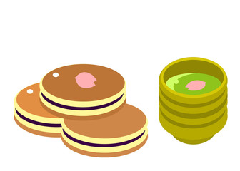 和菓子・どら焼きとお茶　on white background