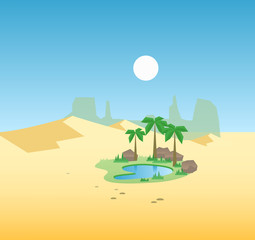 Oasis in the desert dunes. Flat design, vector illustration.