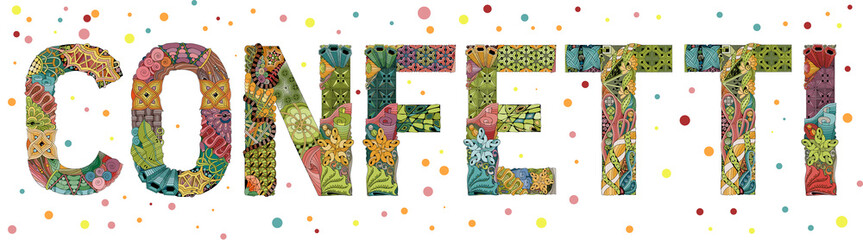 Word CONFETTI. Vector decorative zentangle object