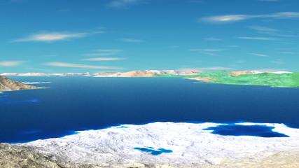 Alien Planet. Mountain and  water. 3D rendering