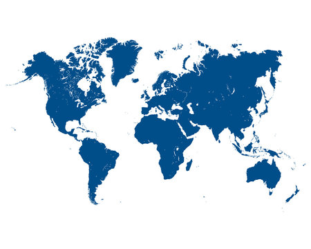 Vector illustration of blue map of world  on a white background