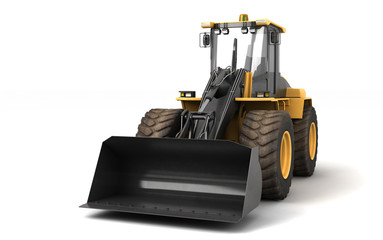 Powerfull concept. Massive yellow hydraulic earth mover isolated on white. Right to left direction. 3D illustration. Wide angle. Front view