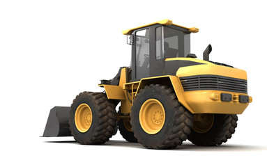 Powerfull concept. Massive yellow hydraulic earth mover isolated on white. Right to left direction. 3D illustration. Wide angle. Rear side view