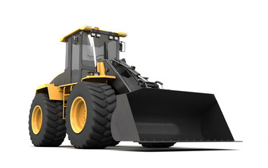 Powerfull concept. Massive yellow hydraulic earth mover isolated on white. Left to right direction. 3D illustration. Wide angle. Front view