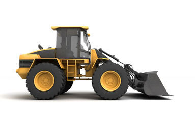 Fototapeta premium Powerfull concept. Massive yellow hydraulic earth mover isolated on white. Left to right direction. 3D illustration. Right view