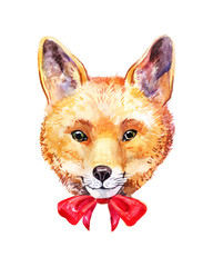 Portrait of fox, face or head with cute red bow. Hand-drawn animal, watercolor illustration