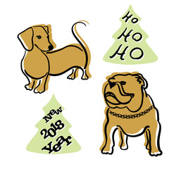 Outline dogs - dachshund and english bulldog. Vector illustration on white background.