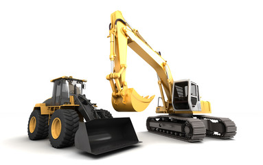 Construction site concept. Two powerfull hydraulic machines excavator and earth movers isolated on white standing next to each other. 3D illustration. Wide angle. Front view
